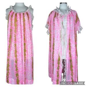 Vintage 70s Iris Lingerie Pink Sleepwear Set Pajama Robe Size Medium Peignoir